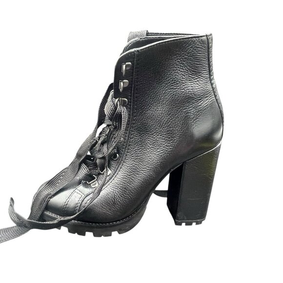 Schutz Zhara Lug Sole Boots Women’s 8.5 B Leather Black Lace Up Heeled - Picture 3 of 7